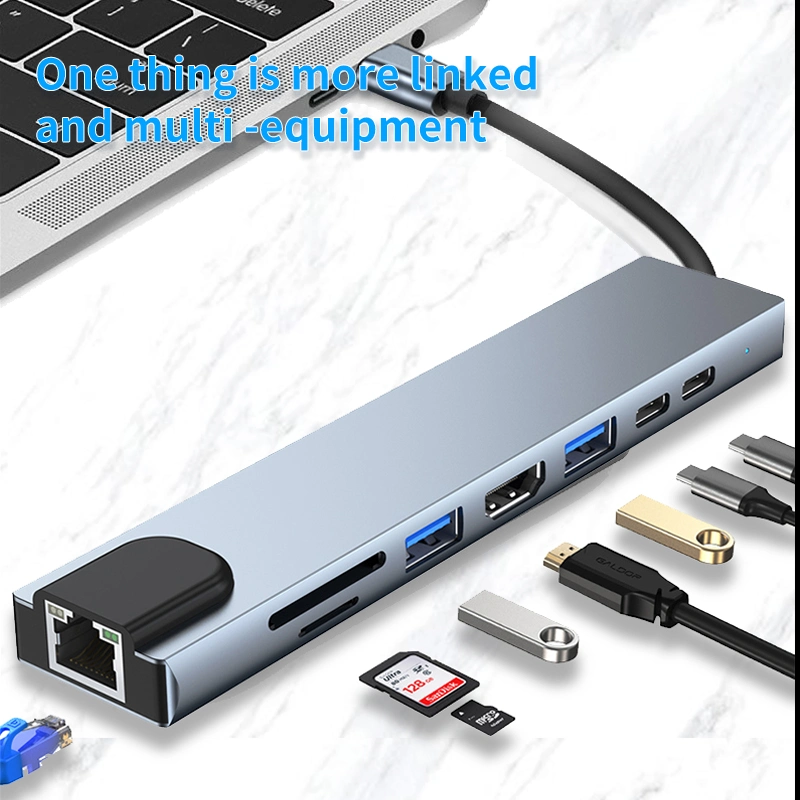 8-Zoll-USB-Hub 1 Typ C mit SD/TF-Anschluss Konverter LAN Pd Ladegerät USB 3,0 Anschlüsse Multifunktions-Adapter