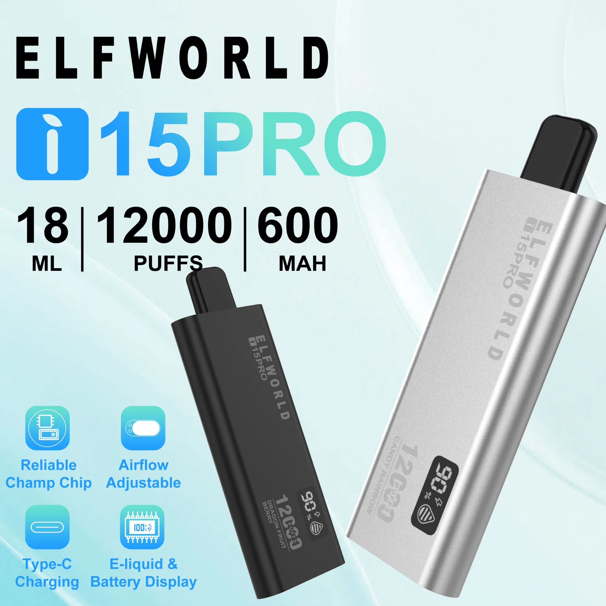 Marca original Elfworld Digital Display I15 PRO Max 12000 Puff 0 sistema de vaina de la pluma de la nicotina VAPE OEM República de VAPE Pi7000 Mo5000 Bar7500 8500 9000 10K Puff 5%