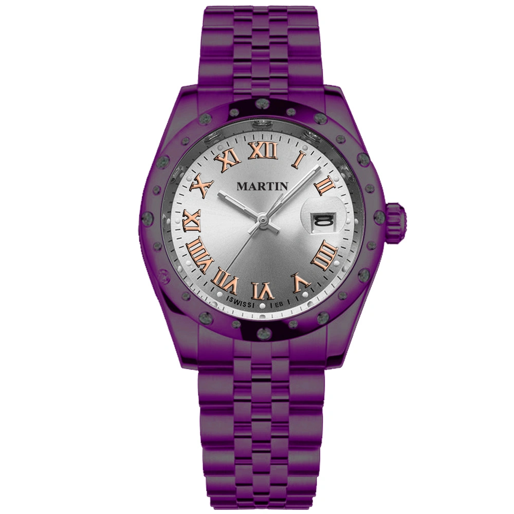 Fashion Lady Watch Purple Stainless Steel Jewelry Diamonds Watch Quartz with Date Ladies Birthday Gift Watch (2006-V3)