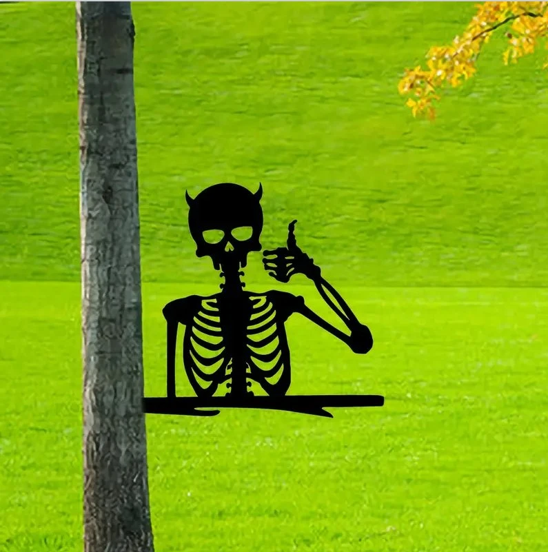 Halloween Cut-out Skeleton on Branch Steel Silhouette Metal Wall Art Home Garden Yard Patio Outdoor Statue Stake Decoration Birthdays, Housewarming Gifts,