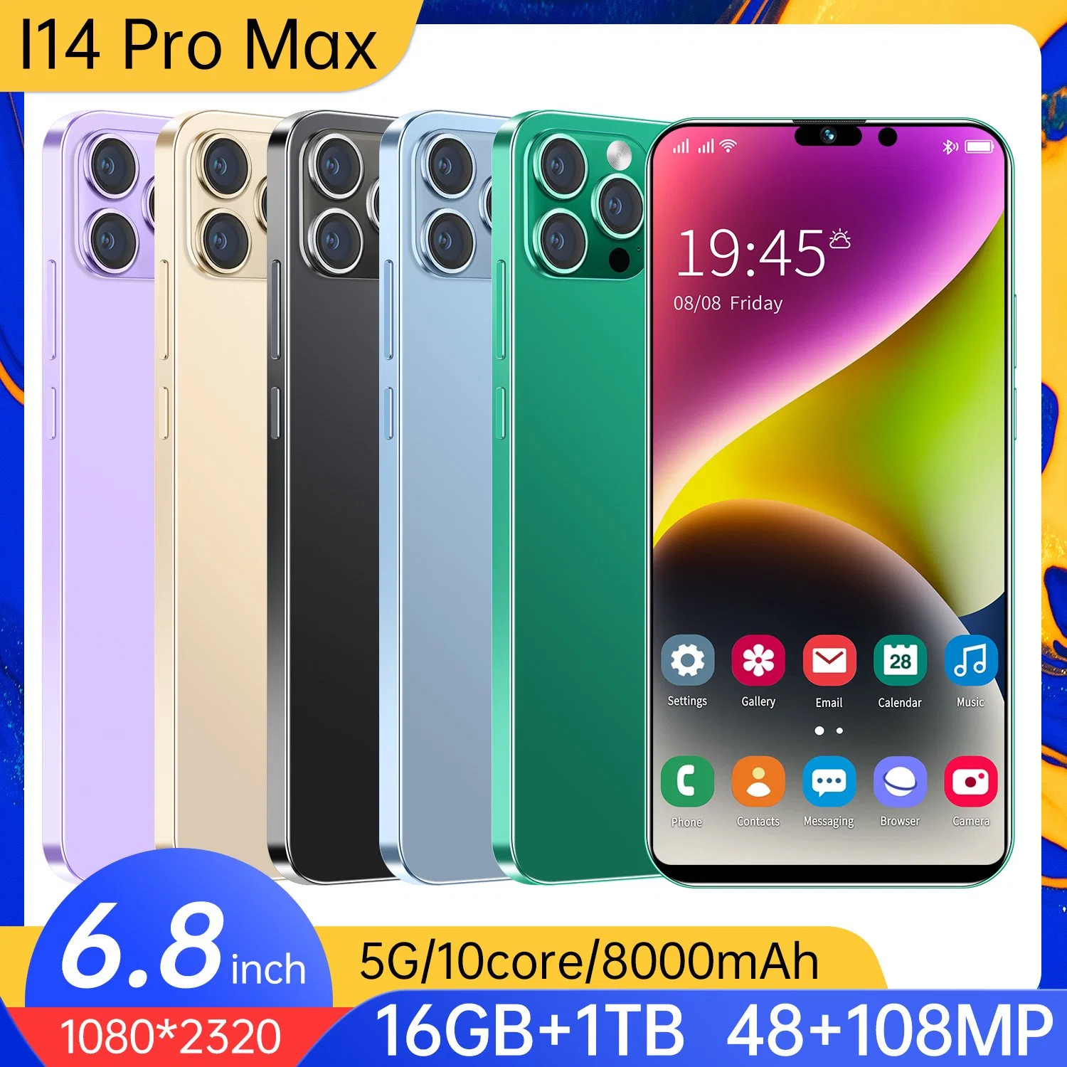 Dual SIM TF Card 16GB Android 12.0 System I14 PRO Max Cellphone Smartphone with 8000mAh