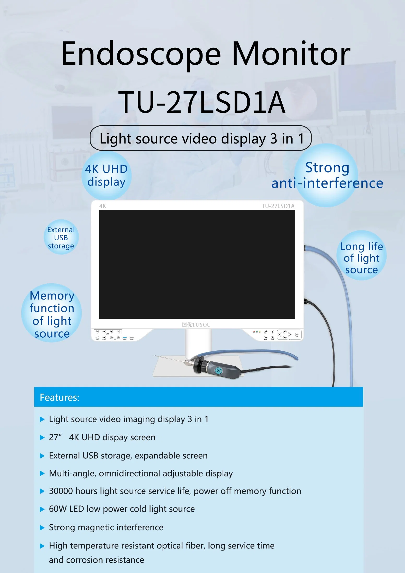 27' ' integrado endoscopio medicina 4K de la cámara LCD Monitor de cirugía de la fuente de luz