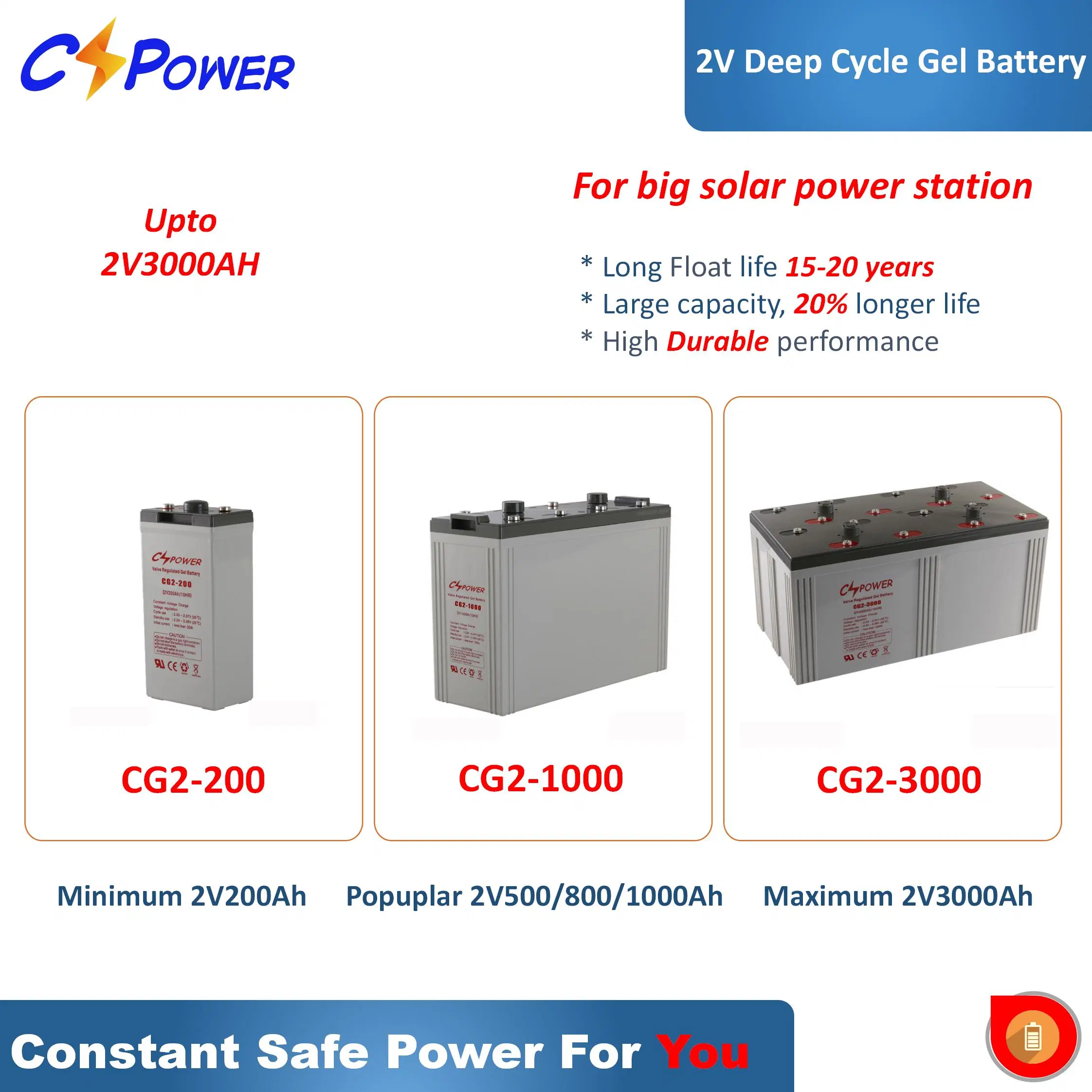 Cspower 2V 2500ah Long Life Deep Cycle Industrial Battery for Electric Powered Toys