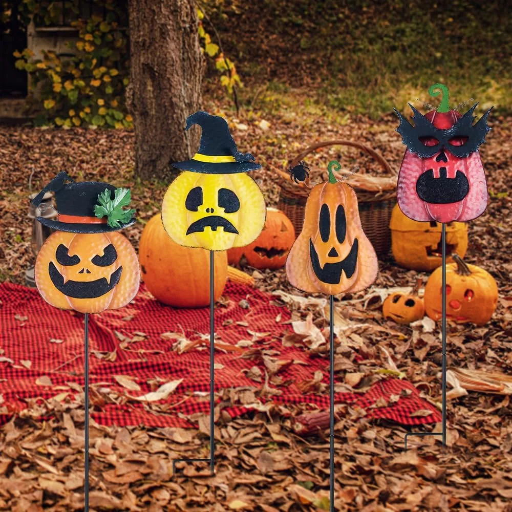 Decoraciones de Halloween al aire libre, Bottakes de Metal Pumpkin Garden con Witch's Hat Crow decoraciones de Halloween para el hogar, Jack o Lantern Metal Yard señales para el jardín