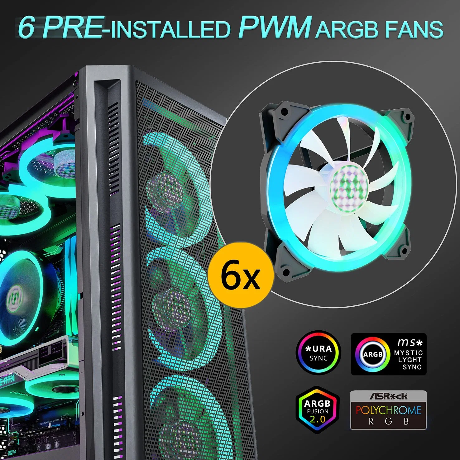 Musetex ATX PC Case Pre-Install 6 PWM Argb Fans, MID Tower Gaming Case with Opening Tempered Glass Side Panel Door, Mesh Computer Case, Tw8 Computer Parts