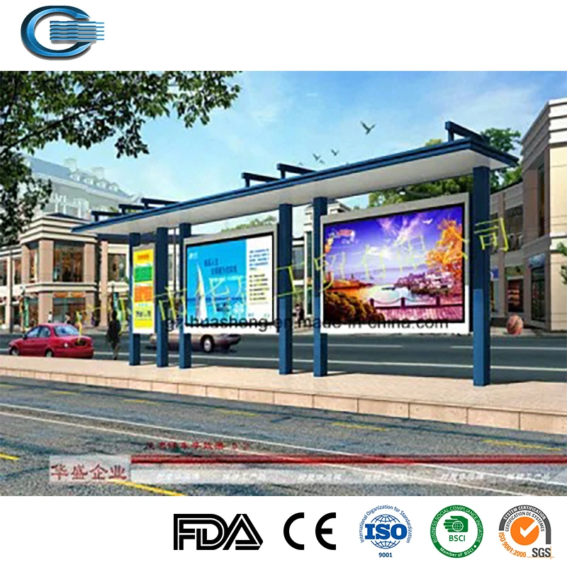 Pequeña parada de autobus refugios Huasheng China fabricante de la vivienda de Bus parada de autobús de acero galvanizado refugios con la publicidad diseño de caja de luz