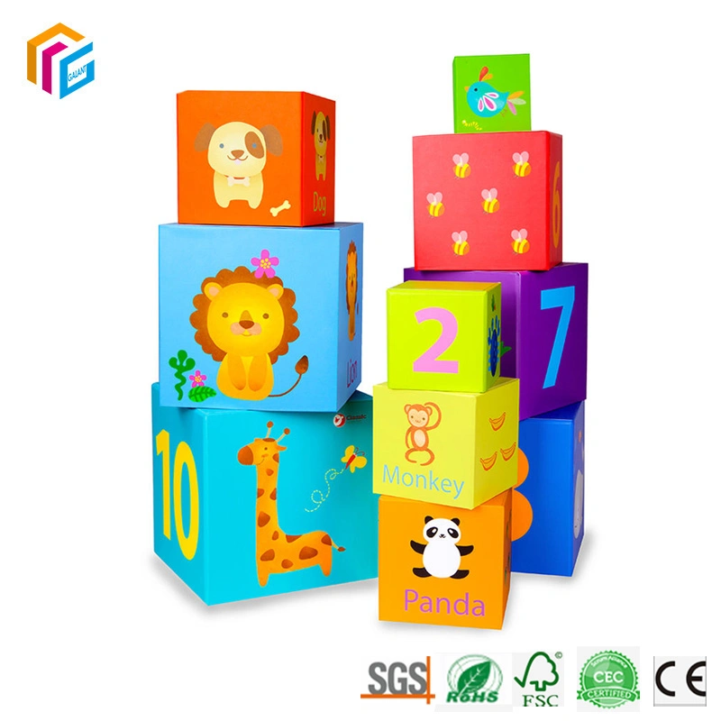 Ensino pré-escolar a cores multifunções personalizadas Educação Bloco de Empilhamento Kids Jogo números de modelo animal de papelão Iluminismo Brinquedo Caixa cúbica de empilhamento de nesting