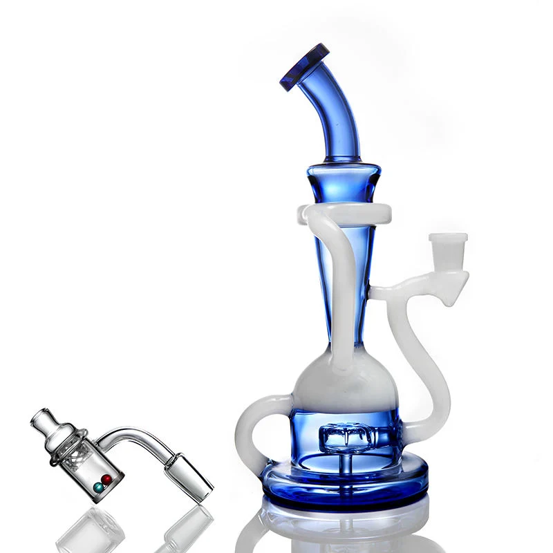 High Borosilicate Blue and White Glass Water Pipe Hookah Recycle and Filter Glass Smoking Pipe with Custom Logo