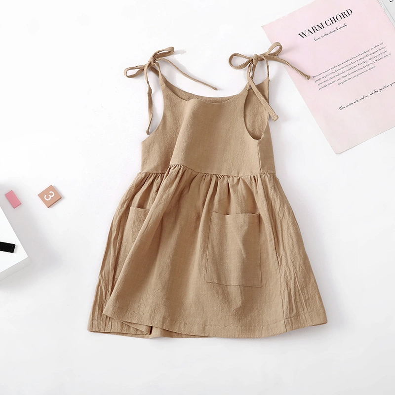 Summer Solid Cotton Linen 2 Side Pocket Suspender Dress