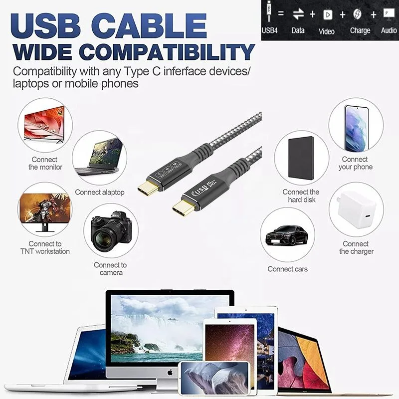 240W Pd la carga rápida de datos de alta velocidad USB 4.0 Cable con conector tipo C