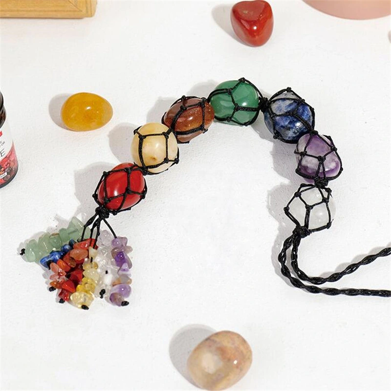 Feng Shui Chakra Stones Set 7 Chakras Healing Crystals Wall Hanger Tumbled Gemstones Tassel Hanging Ornament Window Ornament