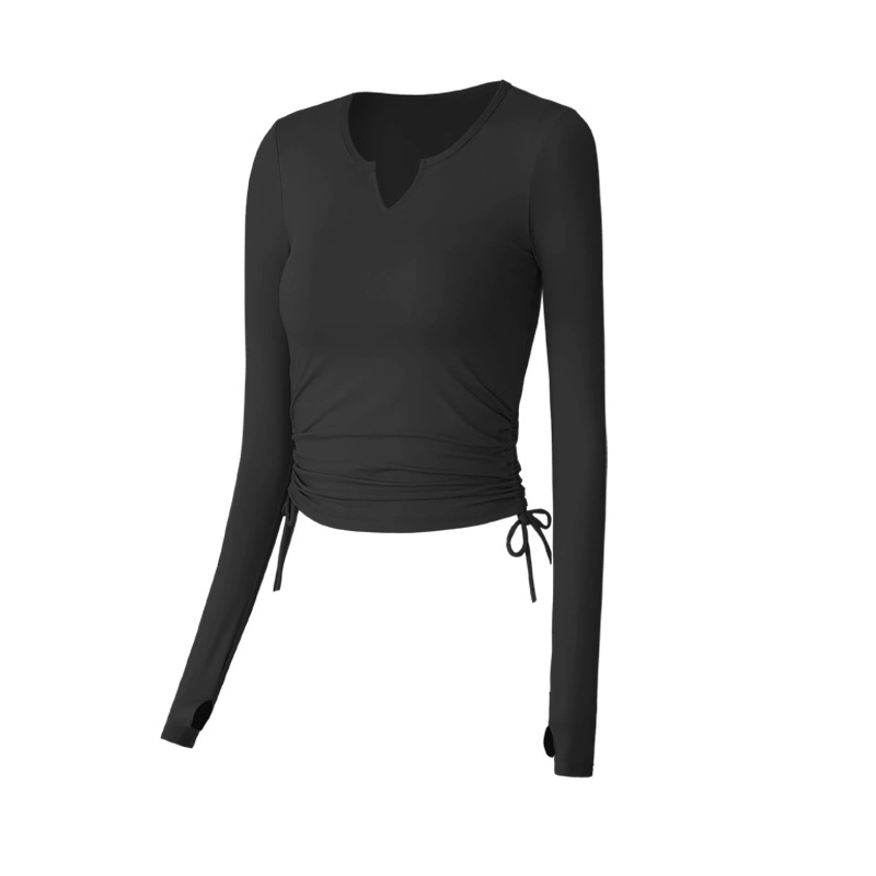 Blusa manga larga de la mujer el ejercicio de la compresión de Yoga Drawstring camiseta deportiva ropa deportiva