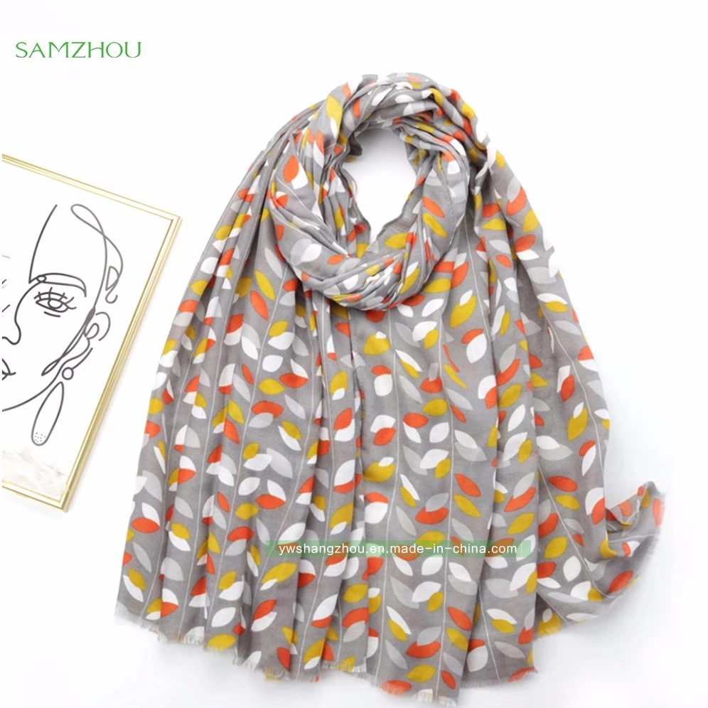 Fashion Leaf Printed Spring Shawl Ladies Silk Scarf Cotton Feeling