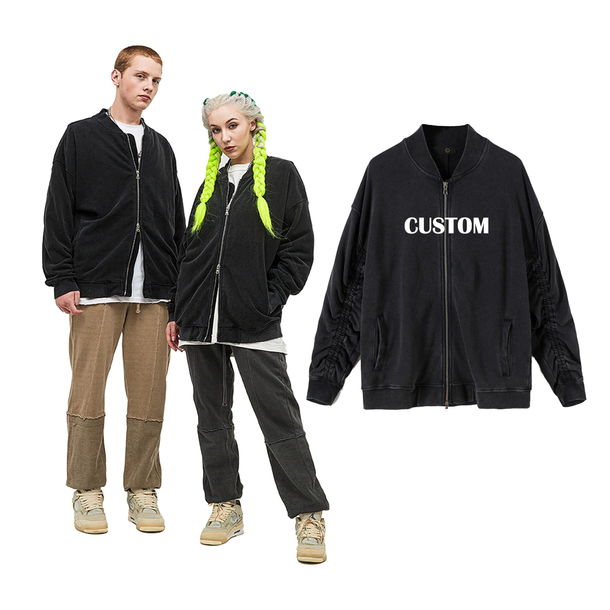 Herbst Wash Fold Double Zip Hoop Pullover Vintage Street High Street Fashion Unisex Jacke