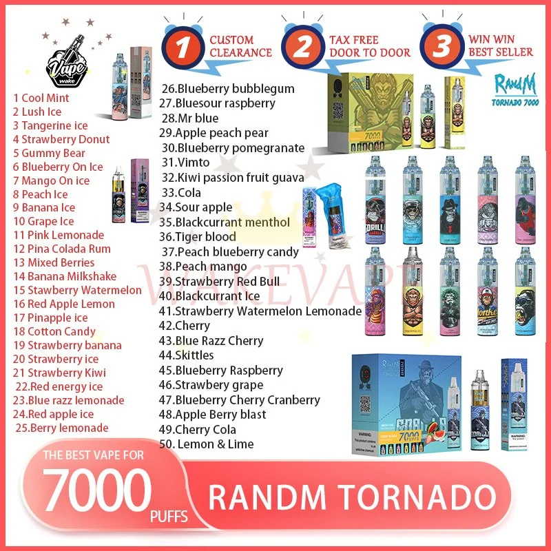 Randm Tornado 7000 Puffs Factory Wholesale/Supplier Disposable/Chargeable Rechargeable Battery 850mAh 50 Fruit Flavored vapes Randm Tornado 7K Puffs