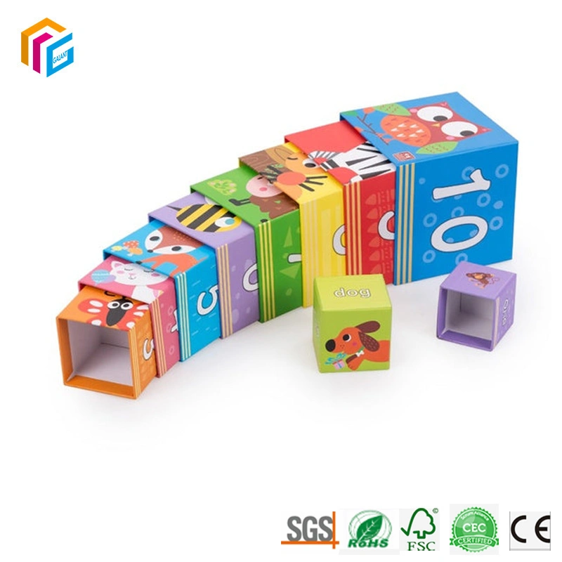 Multi Color personalizado de enseñanza aprendizaje preescolar Bloque de apilamiento de los niños Juego Animal de cartón los números de patrón de la iluminación de anidación de juguete cubo de apilamiento de verificación