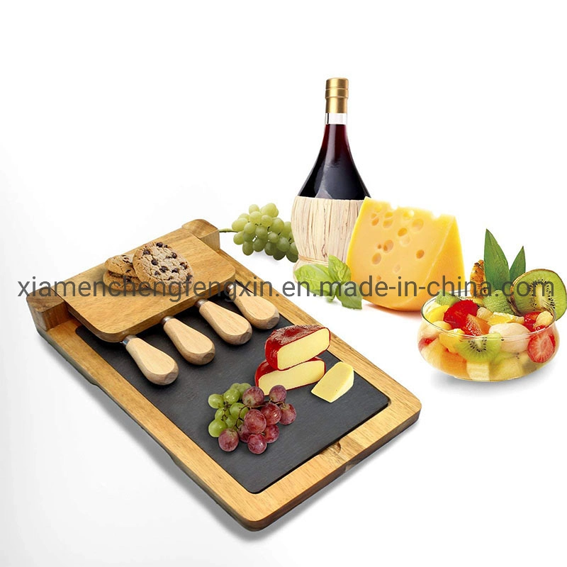 Luxury Bamboo Food Serving Platter, Wooden Cheese Board with Foldable Lid, Black Slate, and Magnetic Knife Stand