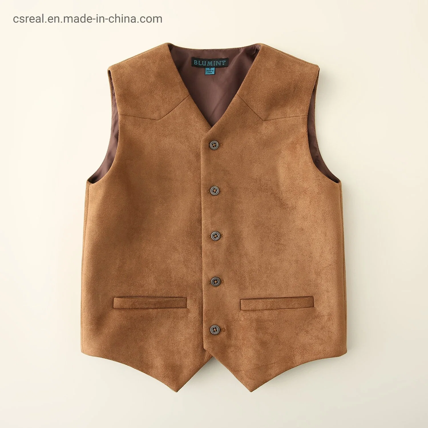 Boy Children Woven Brown Faux Suede V Neck Vest Clothes with Lining