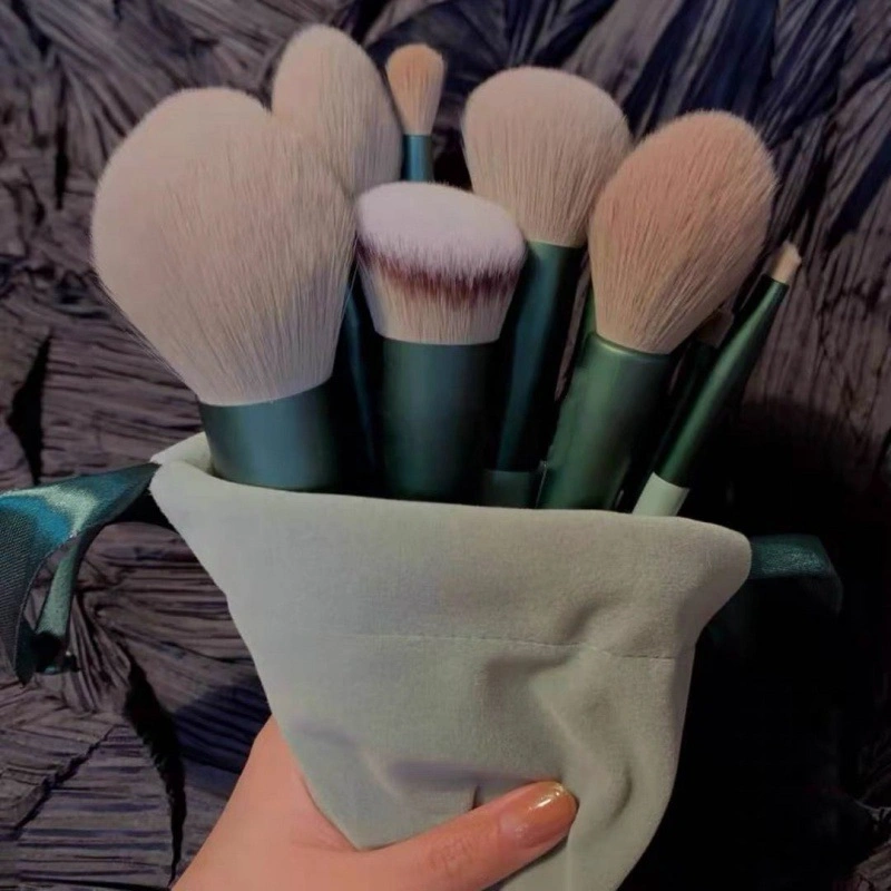 13PCS Spring Green Makeup Brush Set with Velvet Drawstring Pouch Bag Beauty Make up Brushes