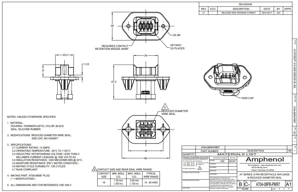 Automotive Connector 8position Panel Mount Receptacle with Endcap At04-08pb-PMR7 Connector