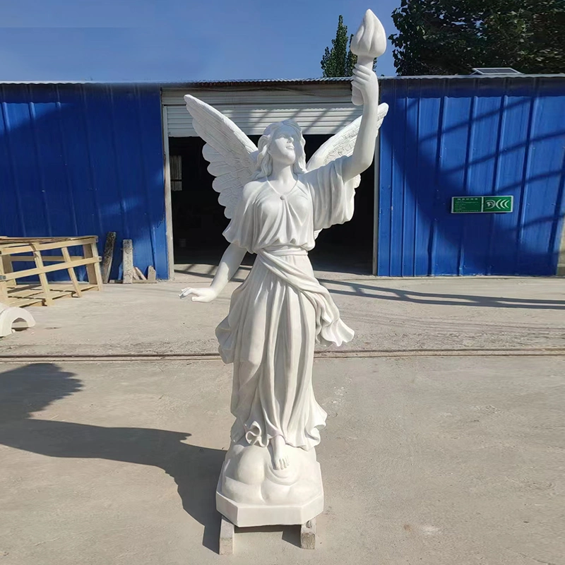 Custom Wholesale Nature Stone Torch Angel Statue White Marble Torch Angel Sculpture