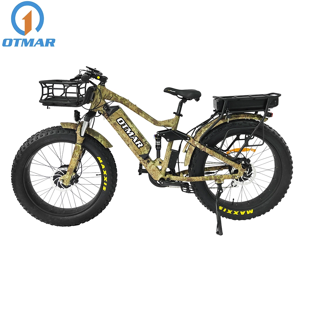Bicicleta elétrica de alta qualidade com suspensão total de 26 polegadas, bateria dupla, suporte traseiro, bateria de lítio, motor de tração dupla em todas as rodas, ciclo de bicicleta elétrica off-road.