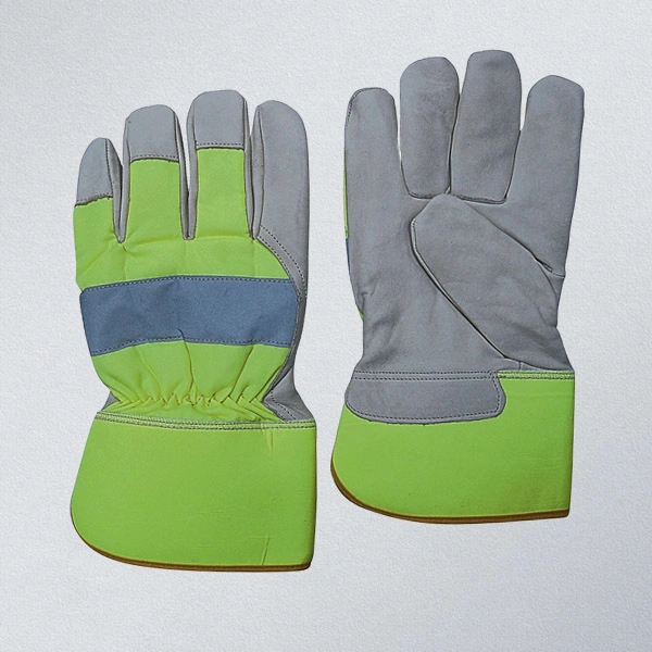 Cow Grain Leather Fluorescent Cloth Knuckle Strap Fully Lined Labor Work Gloves