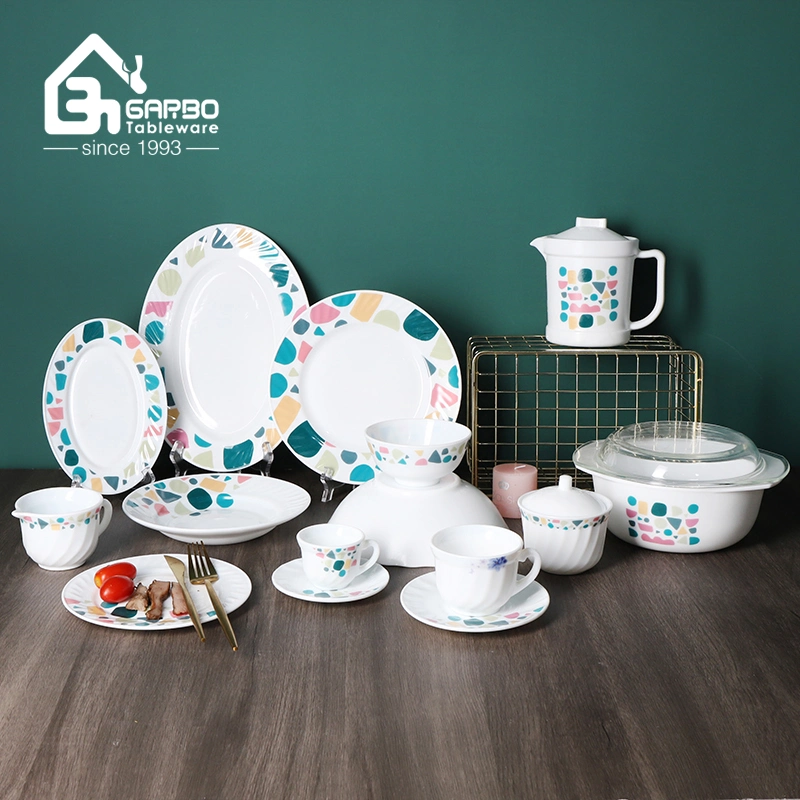 Hot Selling 75 PCS Set White Suqare Shape Opal Glass Dinnerware Set with Customized Decal Printing Designs Opal Glassware Sets with Plates Bowls Pots Mugs Jars