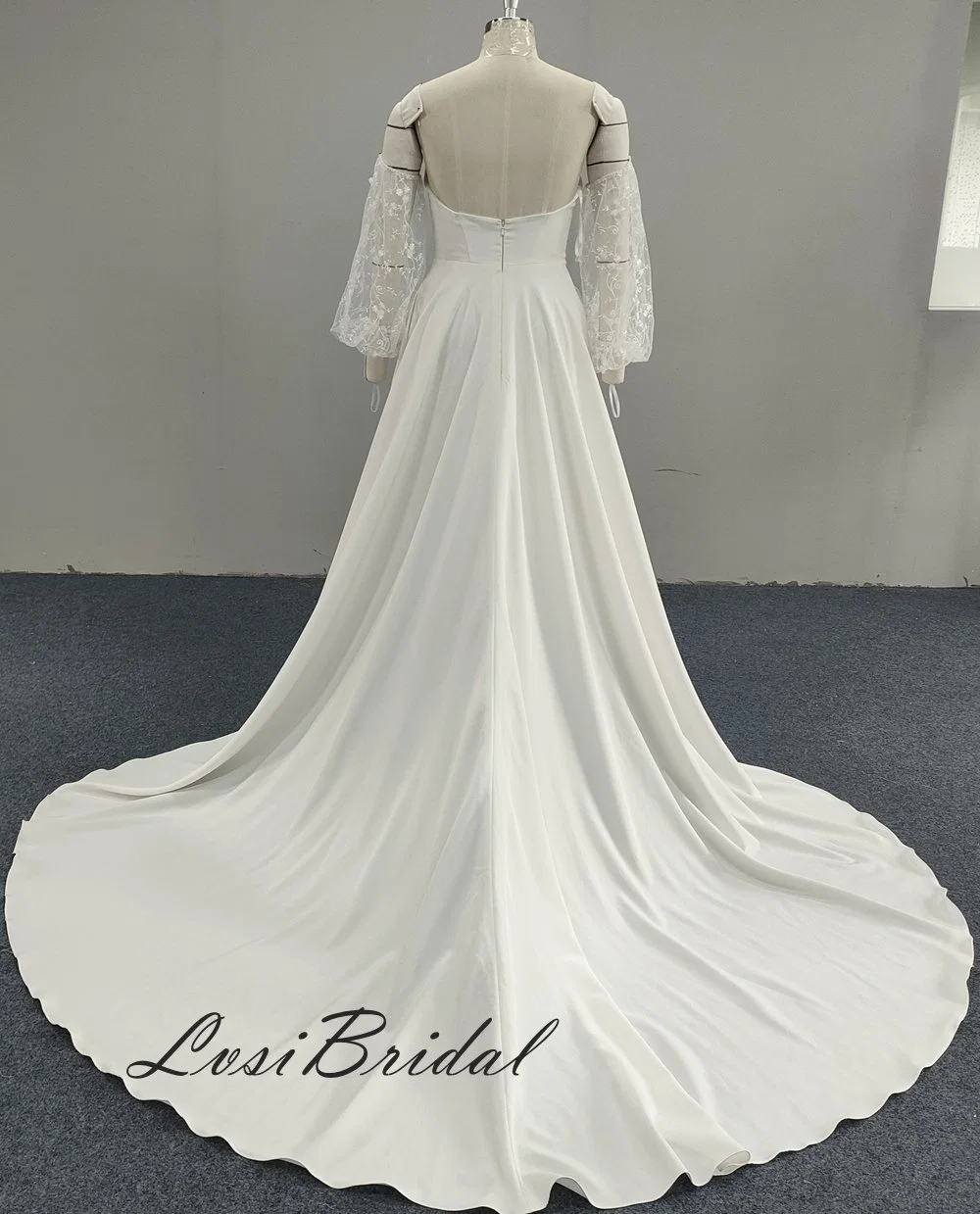 23011 Boat Neckline and Detachable Sleeve Wedding Dress Stretch Fabric Bridal Gown Dress with A-Line Front Split Skirt Dress Directly Bridal Factory Made