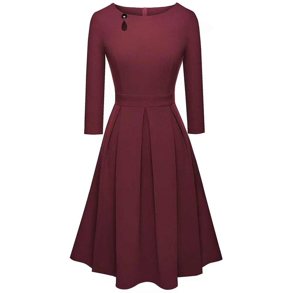 Ladies Unique Button Keyhole Knitted Apparel Half-Sleeve Pleated Skirt Big Hem Dress