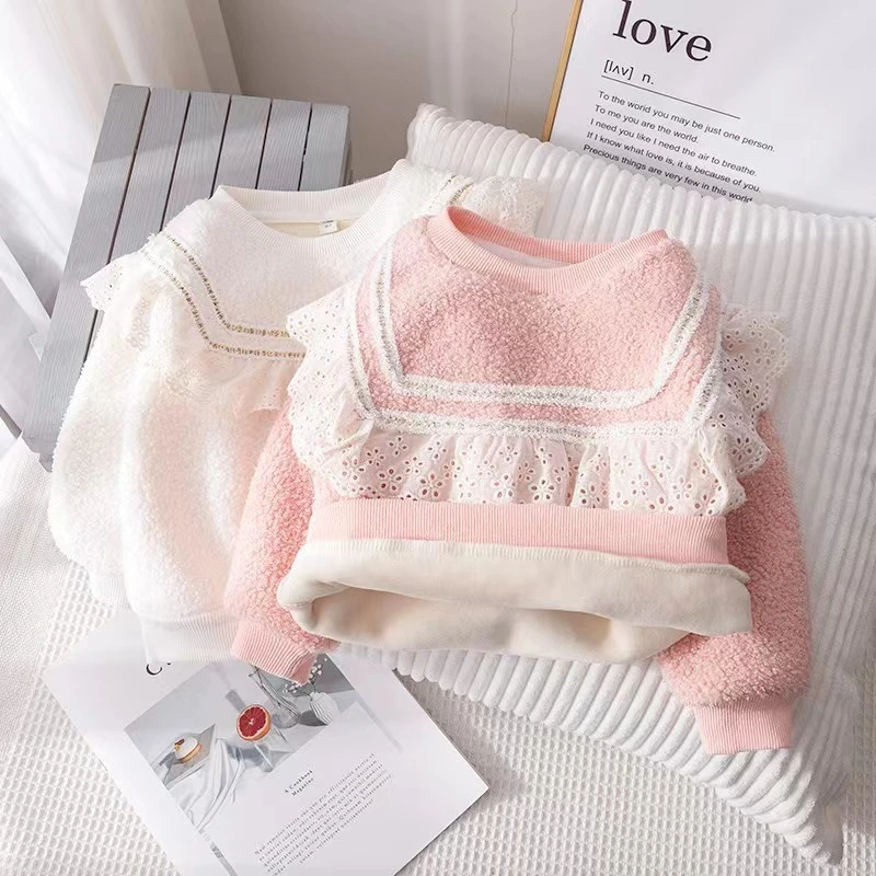 Kid's Sweater Round Neck Plush Long Sleeve Cotton Pure Colour Girl Pullove