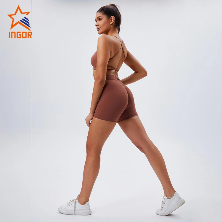 Ingor Sportswear Workout Wholesale/Supplier Clothing Eco Friendly V-Neck Slim Strap Yoga Bra & V-Waist Peach Hip Lifting Biker Shorts Sets, Activewear Fitness Gym Wear