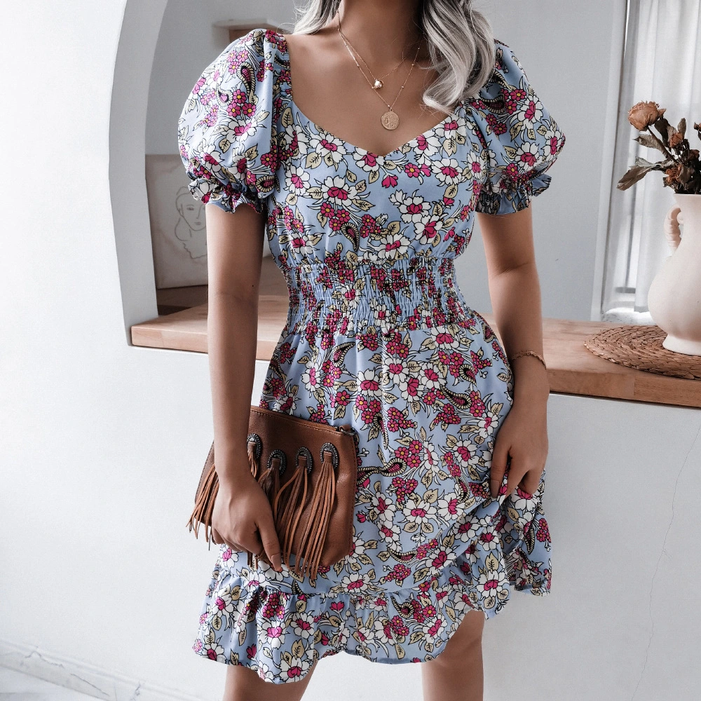 Summer New European and American Casual Square Collar Lantern Sleeve Floral Casual Dress Independent Station Cross-Border Women's Wear