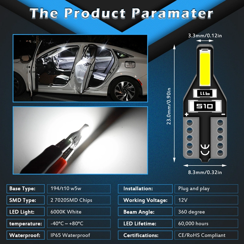 T10 194 168 W5W Bombilla LED de luz interior de coche de la luz de matrícula