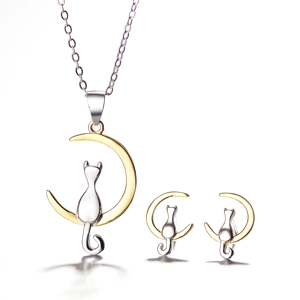 Fashion 925 Sterling Silver Gold and Rhodium Plating Cat Earring and Pendant Set