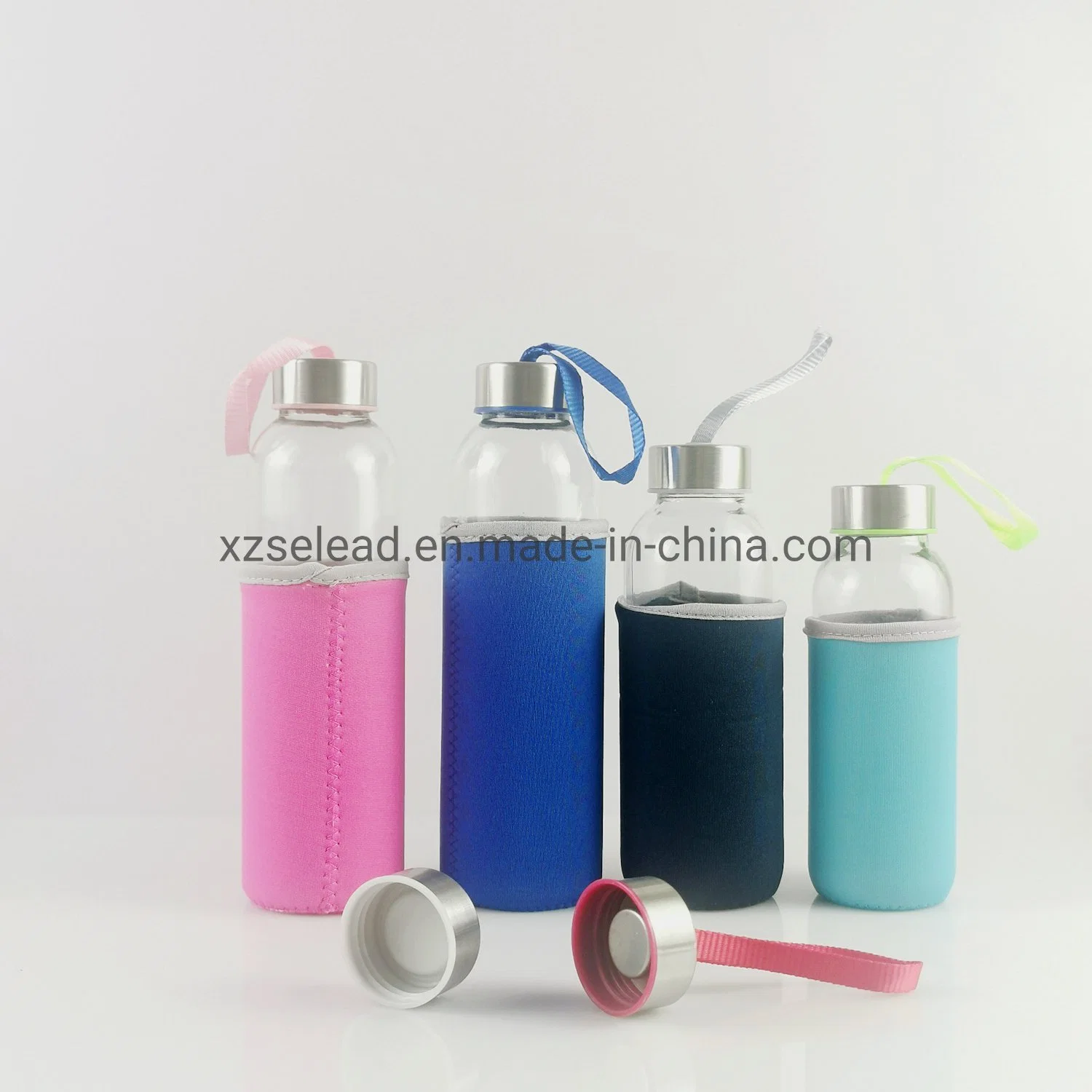 500ml Juice Beverages Glass Water Bottle with Bamboo/Stainless Steel Leak-Proof Caps & Sleeve