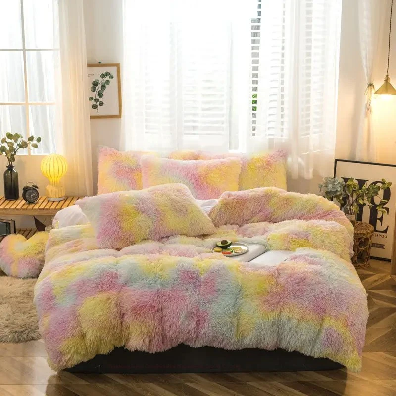 2023 Hochwertige Regenbogen Plüsch 4 PCS Luxus Ultra-Soft-Bett Bettwäschetext Flauschig Blau Bettwäsche Dekorative Textilien