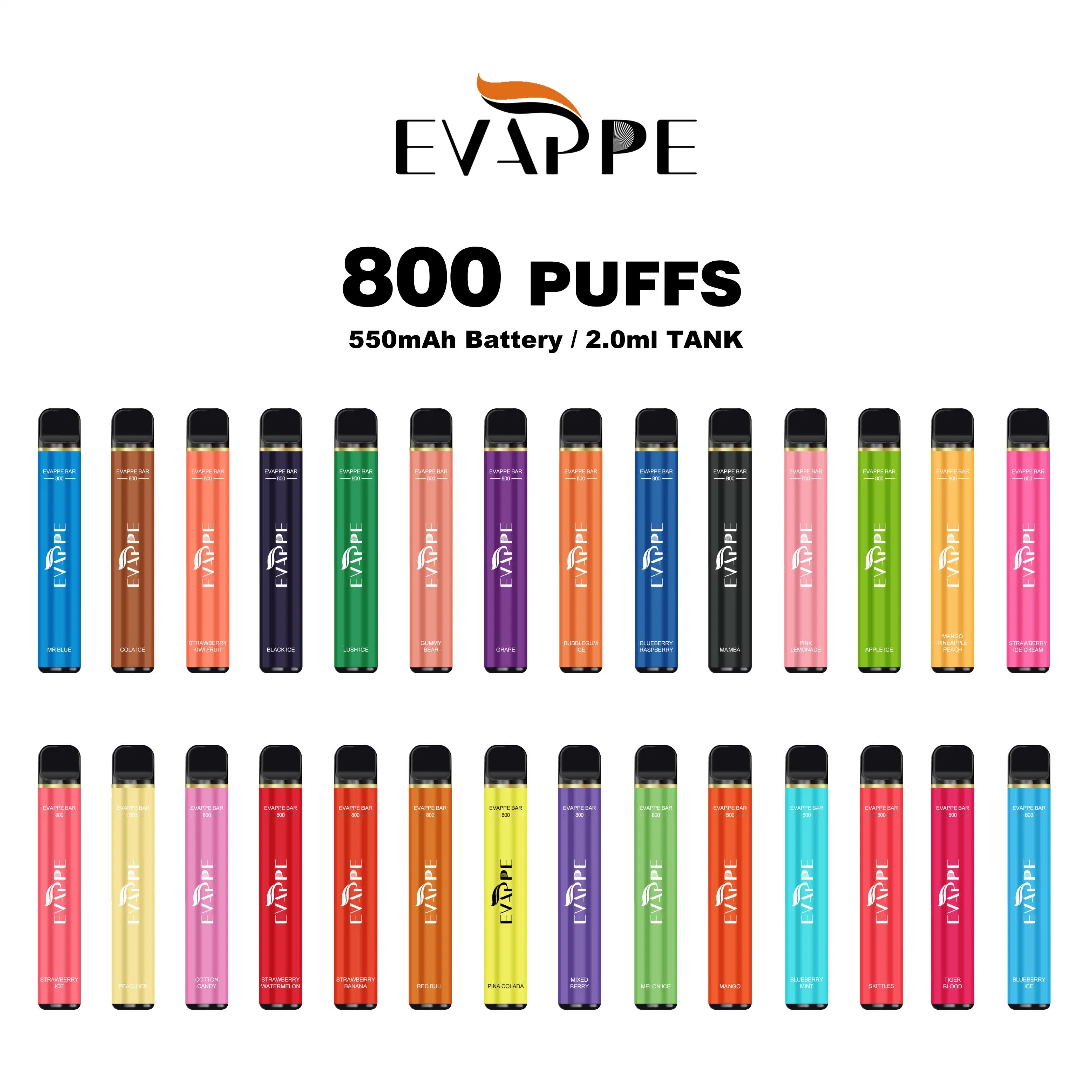 Wholesale Disposable Electronic Cigarette Evappe Bar Series 800 Puffs Vape with 15 Flavors 550mAh Battery 3.2ml Capacity