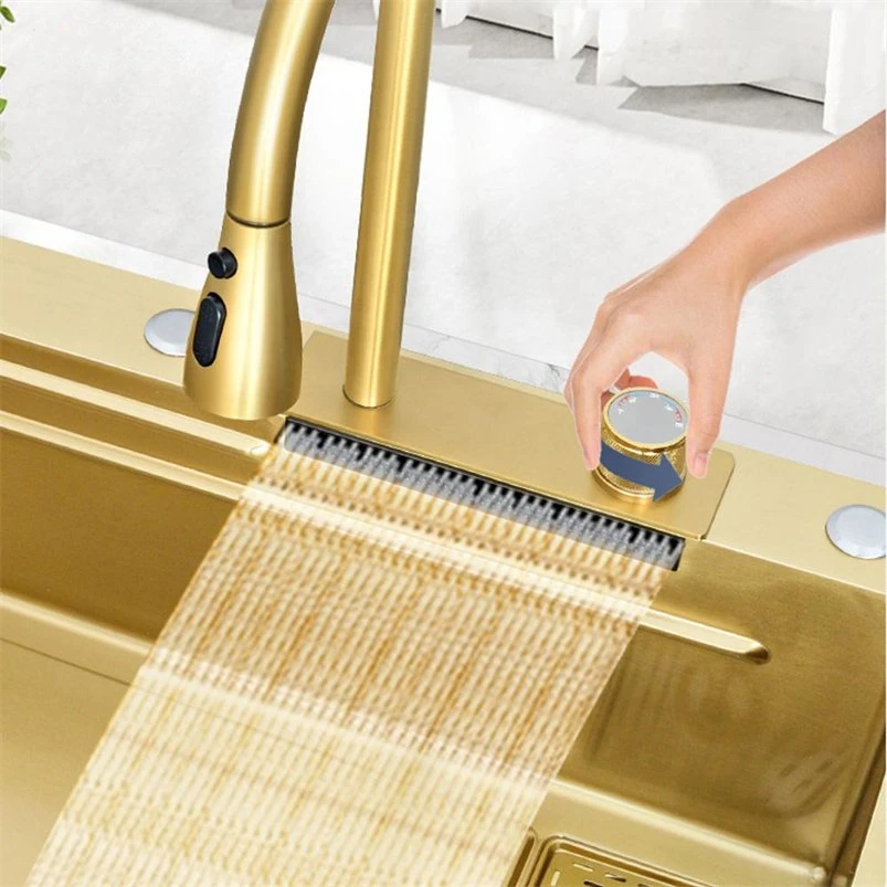 Luxury Hot Sale Modern Handmade 304 Stainless Steel Undermount Kitchen Sink with Wear-Resistant Nano-Brushed Finish, Waterfall Faucet Gold Kitchen Wash Sink