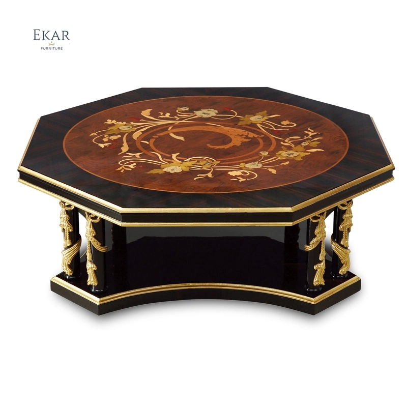 Meubles de luxe Tables basses centrales en bois hexagonales dorées antiques royales