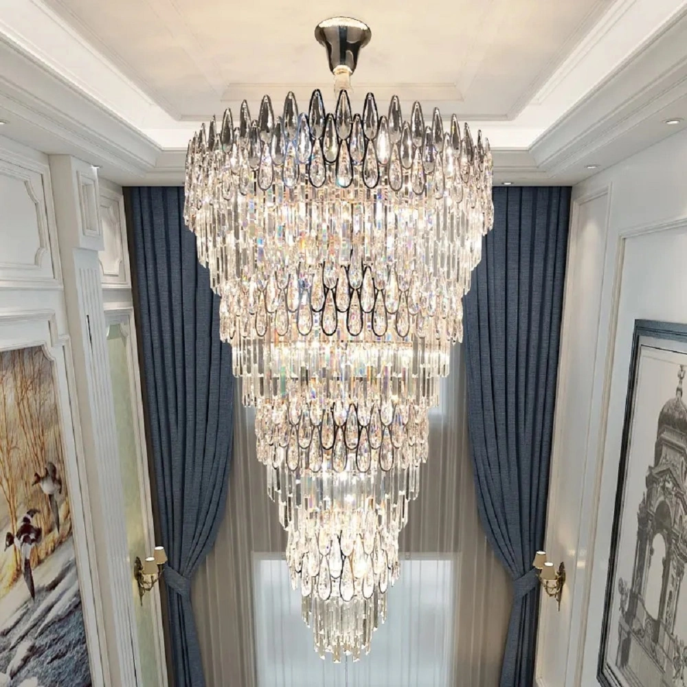 Escalera de lujo Long Chandelier Hotel de lujo moderno Living Room Lighting Y circuitos Diseño Cristal con fuente de luz LED atenuable