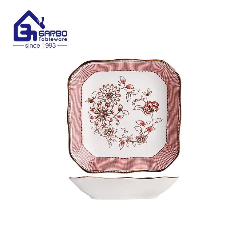 8 Inch Ceramic Porcelain Square Soup Plates and Dishes Dinnerware Set with Decal Flower