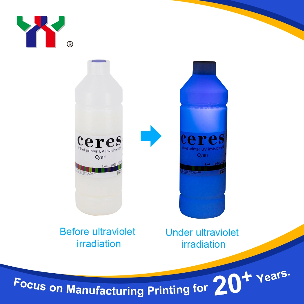 Venta en caliente Área de impresión Ceres tinta UV invisible a base de agua para impresora de inyección de tinta, de color incoloro a azul, 1L/botella