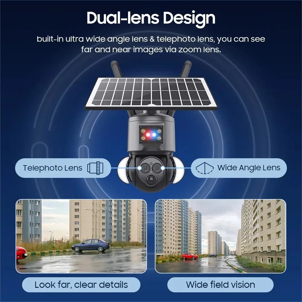 CCTV-Überwachung PIR WiFi-Netzwerk mit 12x Zoom und Doppelobjektiv für den Außenbereich 4G 6MP 6W Solarkamera