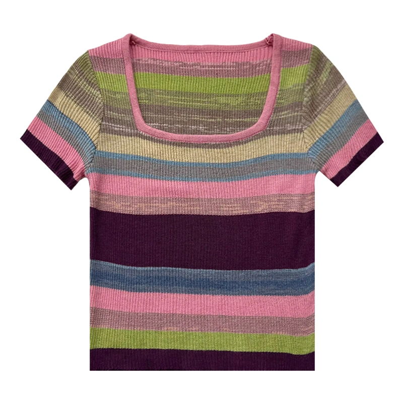 Woven Multiple Color Stripes High Quality Summer Lady T Shirt Top Outfits