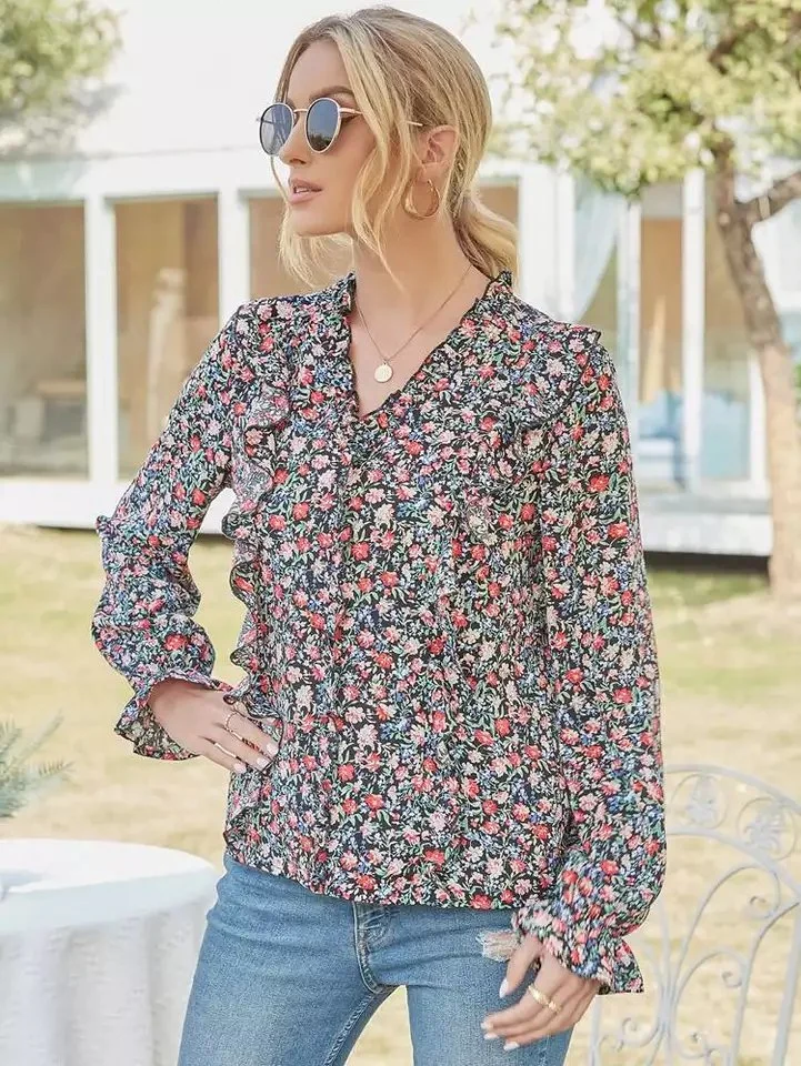 New Floral Print V Neck Ruffled Sleeve Bottom Women's Blouses and Shirts