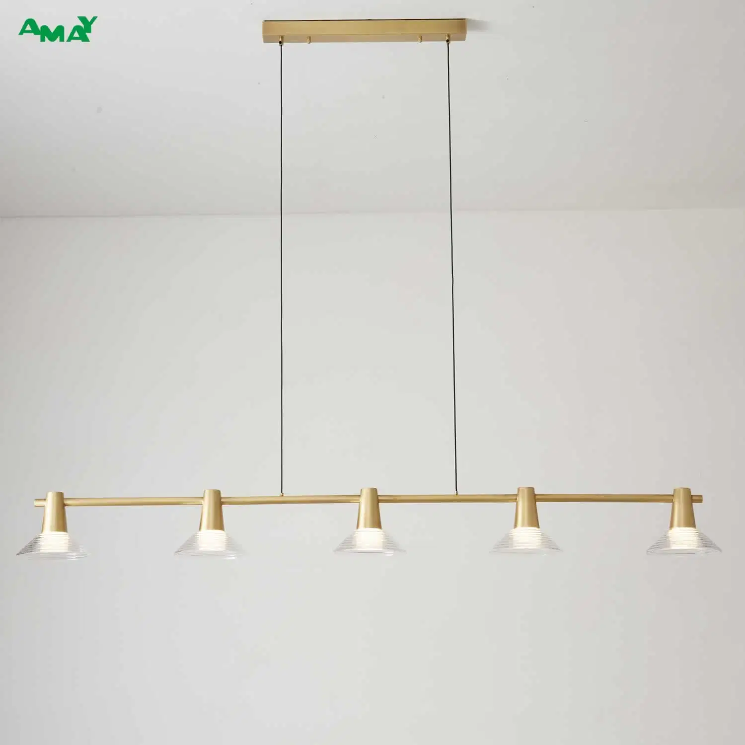 Brass High Illumination Glass Shade 5 Lights LED Linear Lamp Pendant Lighting