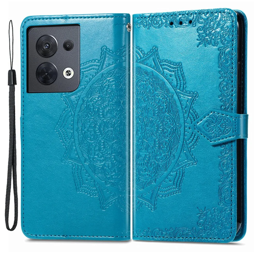 Para el Oppo Reno8 5g (Versión Global) grabado el patrón de Mandala Tapa de cierre magnético Teléfono Shell Monedero de cuero estilo Libro de Stand Up Flip Phone Case - Azul