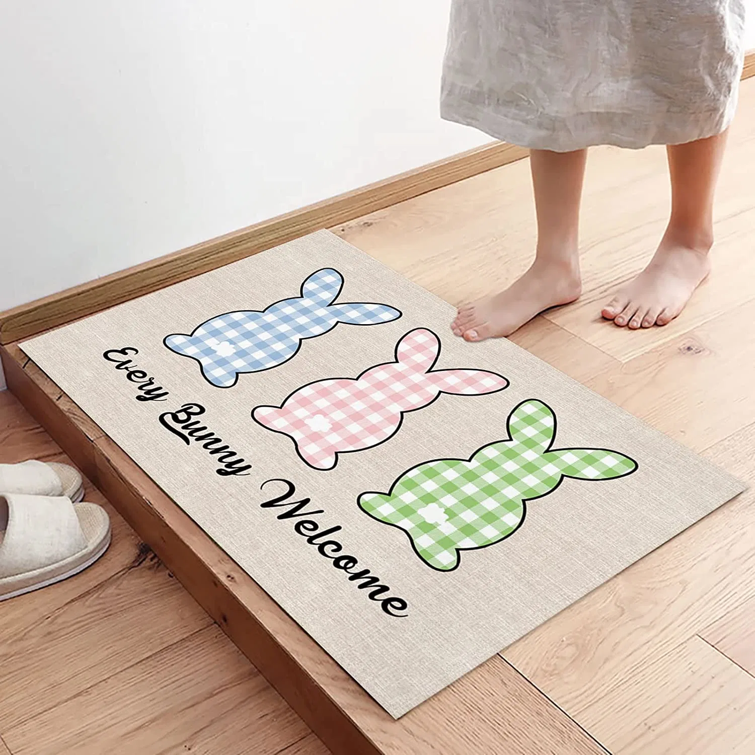 Plaid Rabbit Entrance Door Mat Happy Easter Bunny Low Profile Tradition Decor Welcome Mat Non-Slip Carpet Rugs Floor Mat