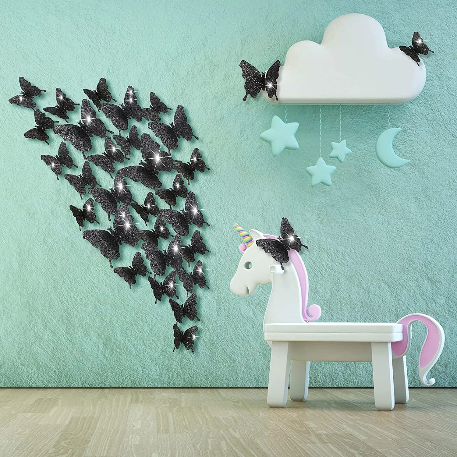 Glitter Black 48 Pieces DIY Mirror Butterfly 3D Butterfly Wall Stickers Decals Wall Art for Home Nursery Classroom Kids Bedroom Bathroom Living Room Decoration